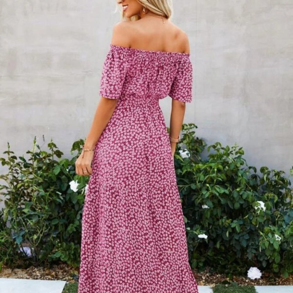 PINK off shoulder ruffle Floral maxi dress - Picture 5 of 6